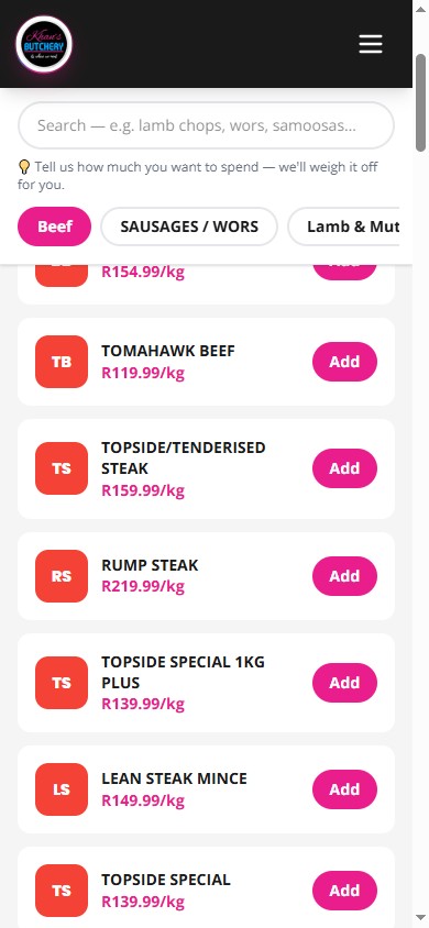 Khan's Butchery online ordering on a phone